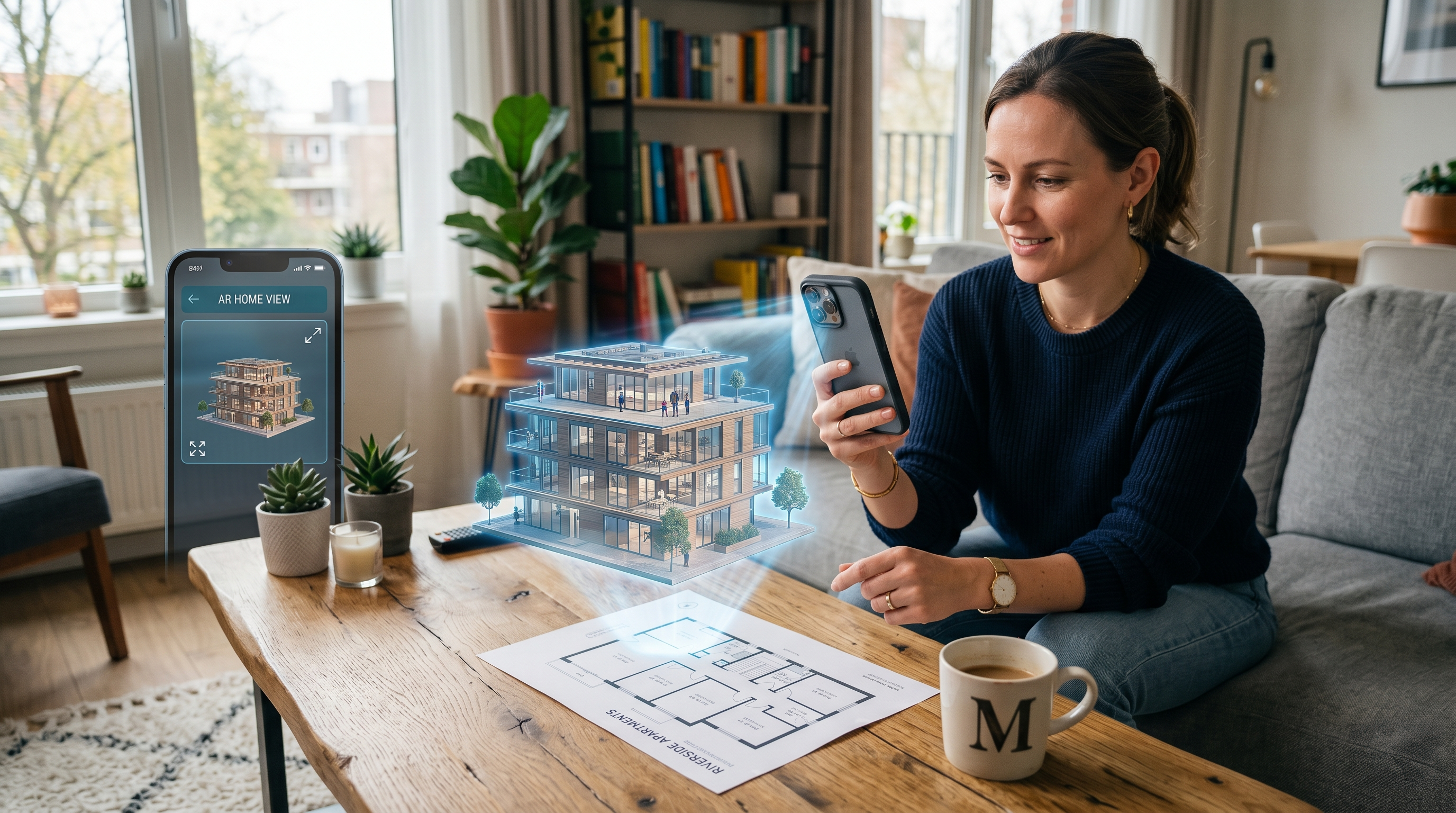 SCXPE AR preview — scaled building model on a coffee table